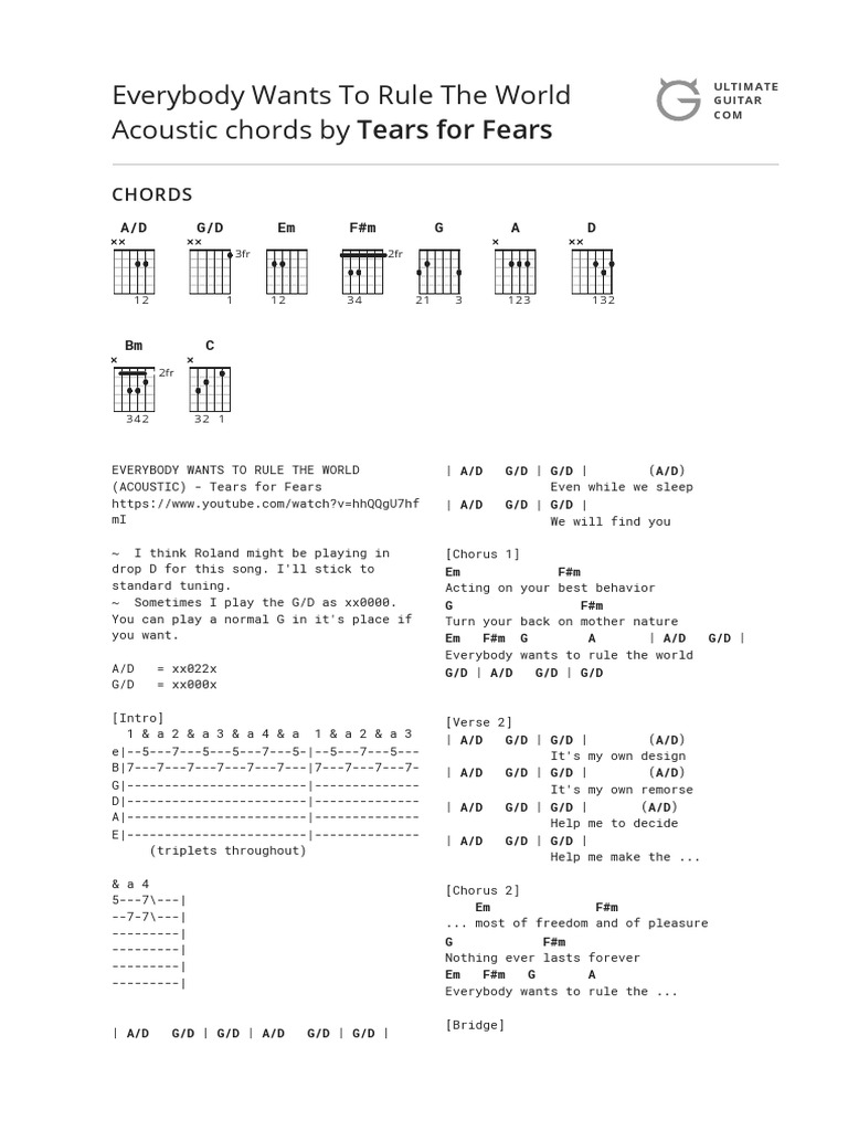 Everybody Wants To Rule The World Chords by Tears For Fearstabs at